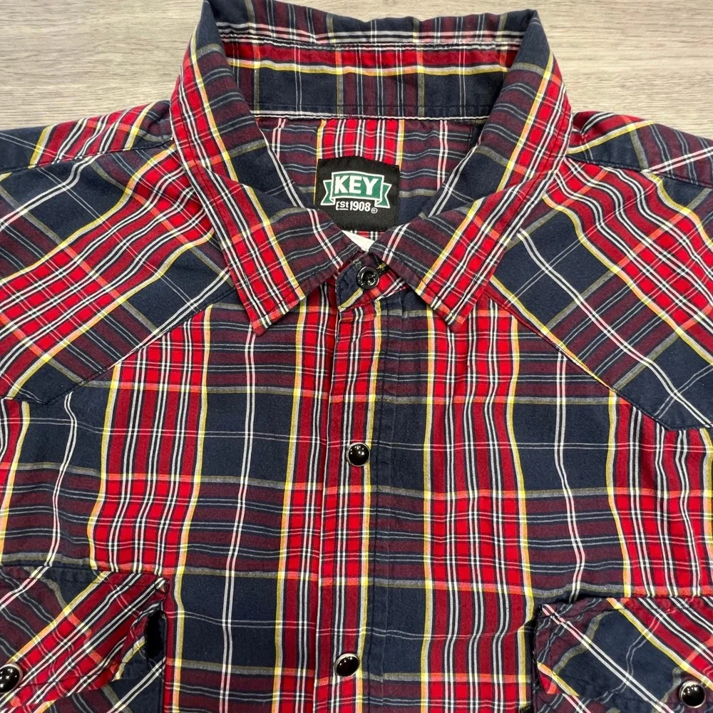 KEY‎ EST 1908 Mens Plaid Western Shirt 2XLT Long Sleeve Snap Up Red Blue
